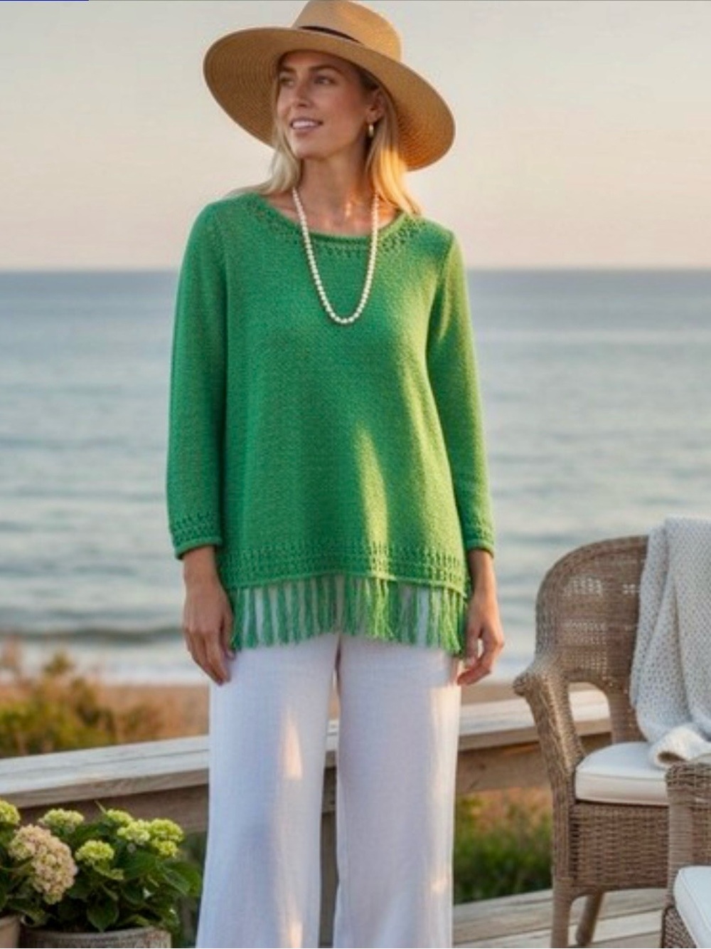Pappagallo Green Crochet-Trim Knit Sweater -